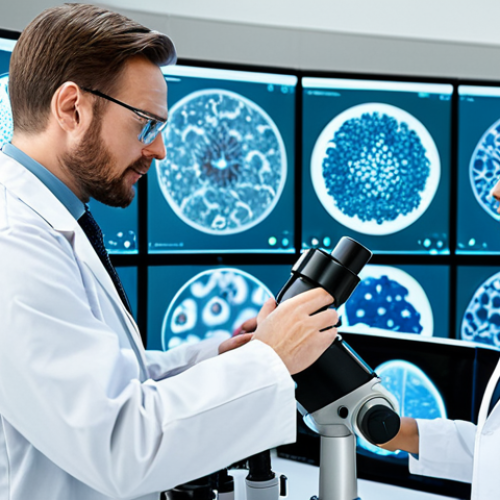 A diverse team of professional scientists, including men and women, in white lab coats, working collaboratively in a brightly lit, state-of-the-art laboratory. They are fully clothed, in professional dress. One scientist is looking through a microscope, another is interacting with a holographic display showing abstract cellular structures, and a third is discussing data. The lab features advanced scientific equipment, clean surfaces, and a modern aesthetic. The atmosphere is focused and innovative. Perfect anatomy, correct proportions, well-formed hands, proper finger count, natural body proportions, natural pose. Appropriate content, safe for work, modest clothing, family-friendly.