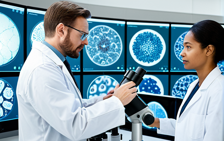 A diverse team of professional scientists, including men and women, in white lab coats, working collaboratively in a brightly lit, state-of-the-art laboratory. They are fully clothed, in professional dress. One scientist is looking through a microscope, another is interacting with a holographic display showing abstract cellular structures, and a third is discussing data. The lab features advanced scientific equipment, clean surfaces, and a modern aesthetic. The atmosphere is focused and innovative. Perfect anatomy, correct proportions, well-formed hands, proper finger count, natural body proportions, natural pose. Appropriate content, safe for work, modest clothing, family-friendly.