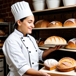 ** A professional baker in a fully clothed, modest chef's uniform, standing in a brightly lit bakery, arranging freshly baked loaves of sourdough bread on a wooden rack. The bakery has a rustic charm with exposed brick and shelves filled with ingredients. Safe for work, appropriate content, perfect anatomy, correct proportions, natural pose, professional photography, high quality.

**