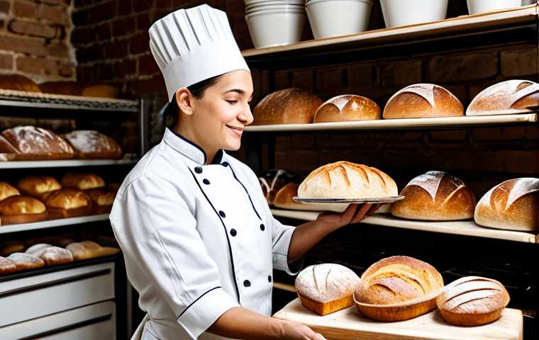 ** A professional baker in a fully clothed, modest chef's uniform, standing in a brightly lit bakery, arranging freshly baked loaves of sourdough bread on a wooden rack. The bakery has a rustic charm with exposed brick and shelves filled with ingredients. Safe for work, appropriate content, perfect anatomy, correct proportions, natural pose, professional photography, high quality.

**