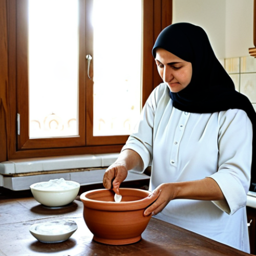 발효 기술 - Homemade Yogurt Preparation**

"A Turkish woman in her kitchen, wearing modest clothing, preparing h...