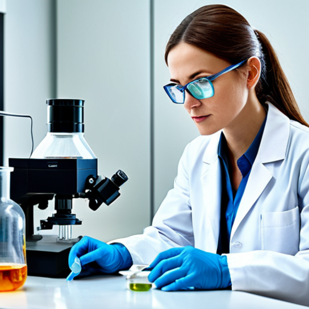 세포 배양 기술 - **
"A professional female scientist in a modern, well-equipped laboratory, fully clothed in a lab c...