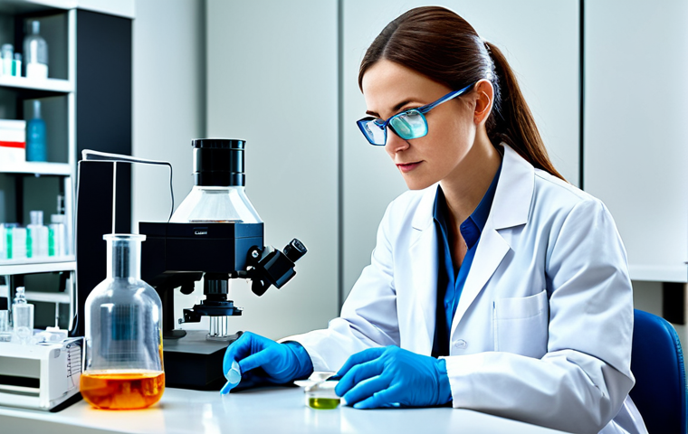 세포 배양 기술 - **
"A professional female scientist in a modern, well-equipped laboratory, fully clothed in a lab c...