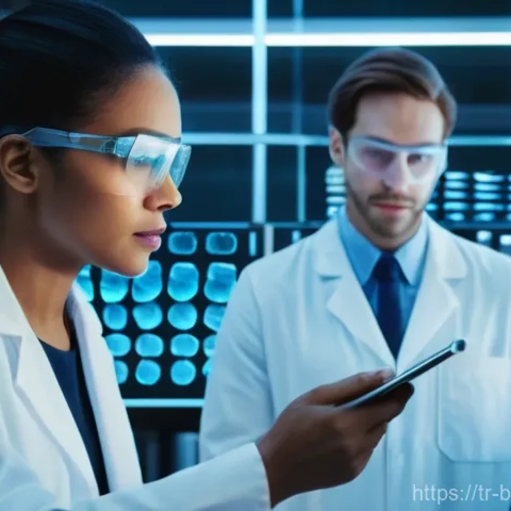 바이오테크 기업 IPO - **Prompt:** A vibrant, futuristic biotechnology lab scene. A diverse group of scientists, dressed in...