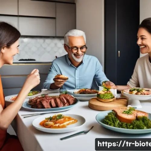 Home 23 배양육 생산 기술 - **A Futuristic Family Dinner with Cultured Meat:**
"A vibrant, high-angle shot of a diverse, hap...