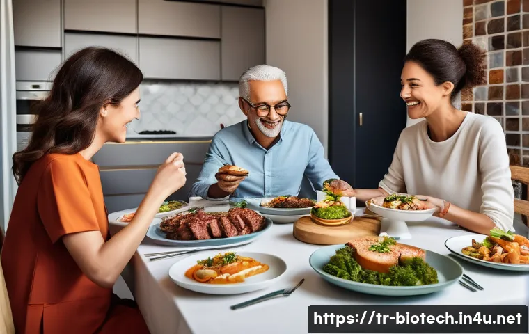 배양육 생산 기술 - **A Futuristic Family Dinner with Cultured Meat:**
"A vibrant, high-angle shot of a diverse, hap...